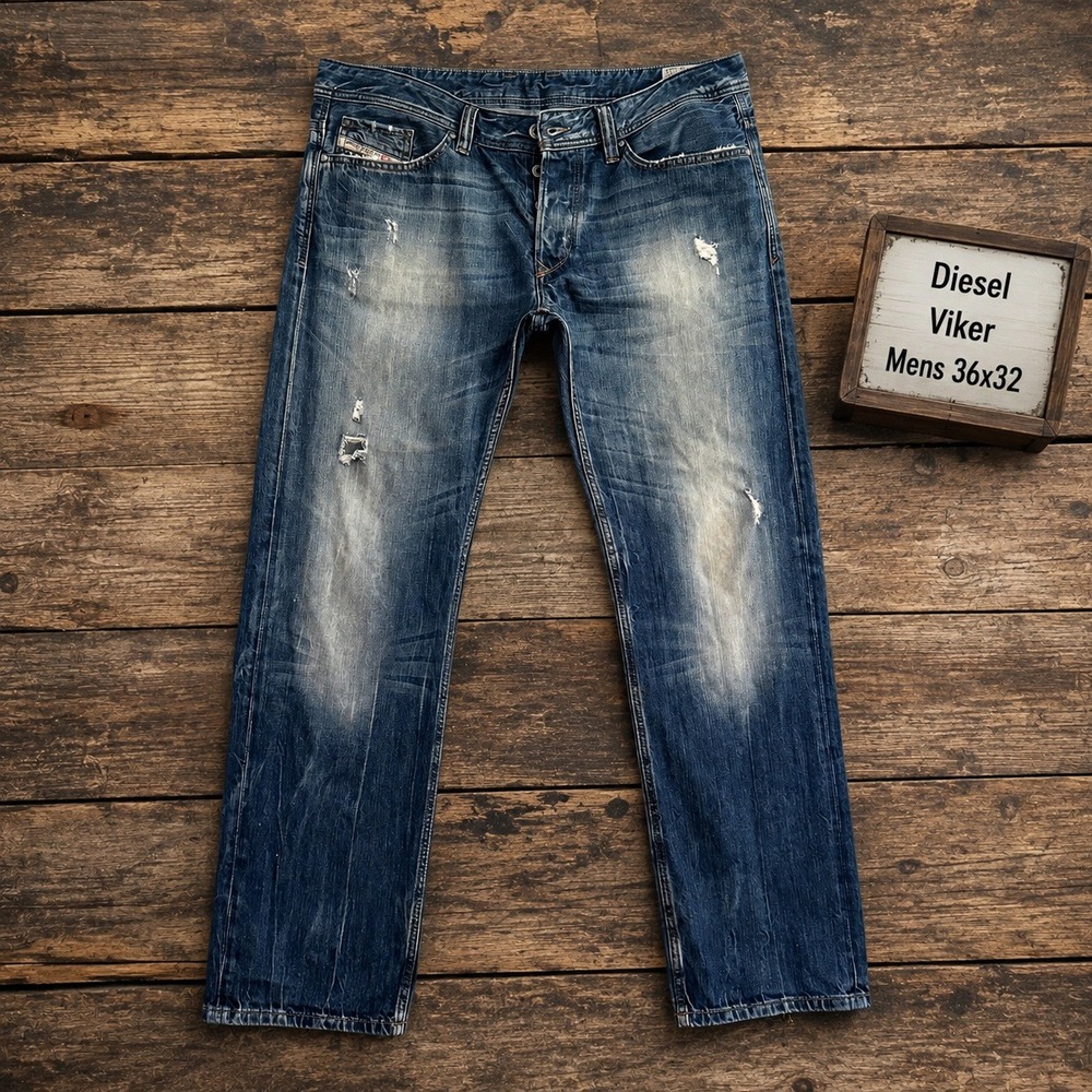 Diesel Viker Mens Jeans 36x32 Straight Leg Distressed Blue Wash 008B9 Button Fly